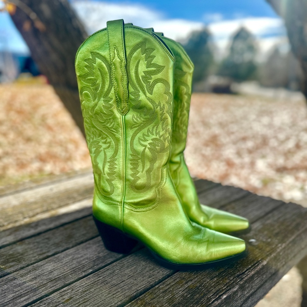 Jeffrey Campbell Dagget Cowboy Boot sz 8.5 Metallic Lime Green Western